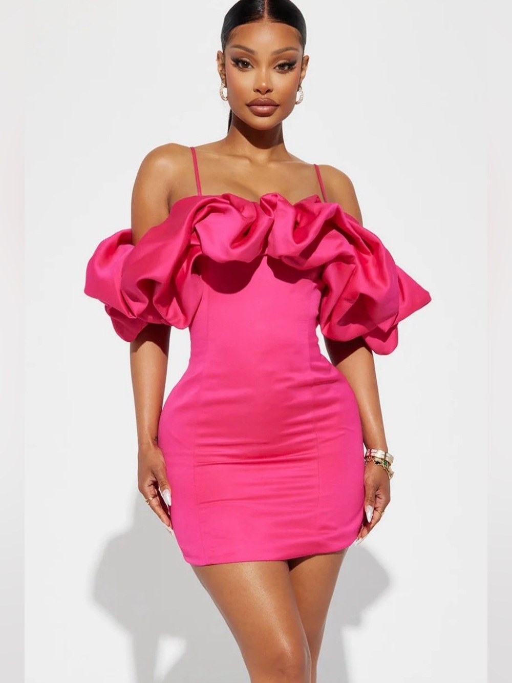 Fashion Nova Hot Pink Off-Shoulder Ruffle Mini Dress